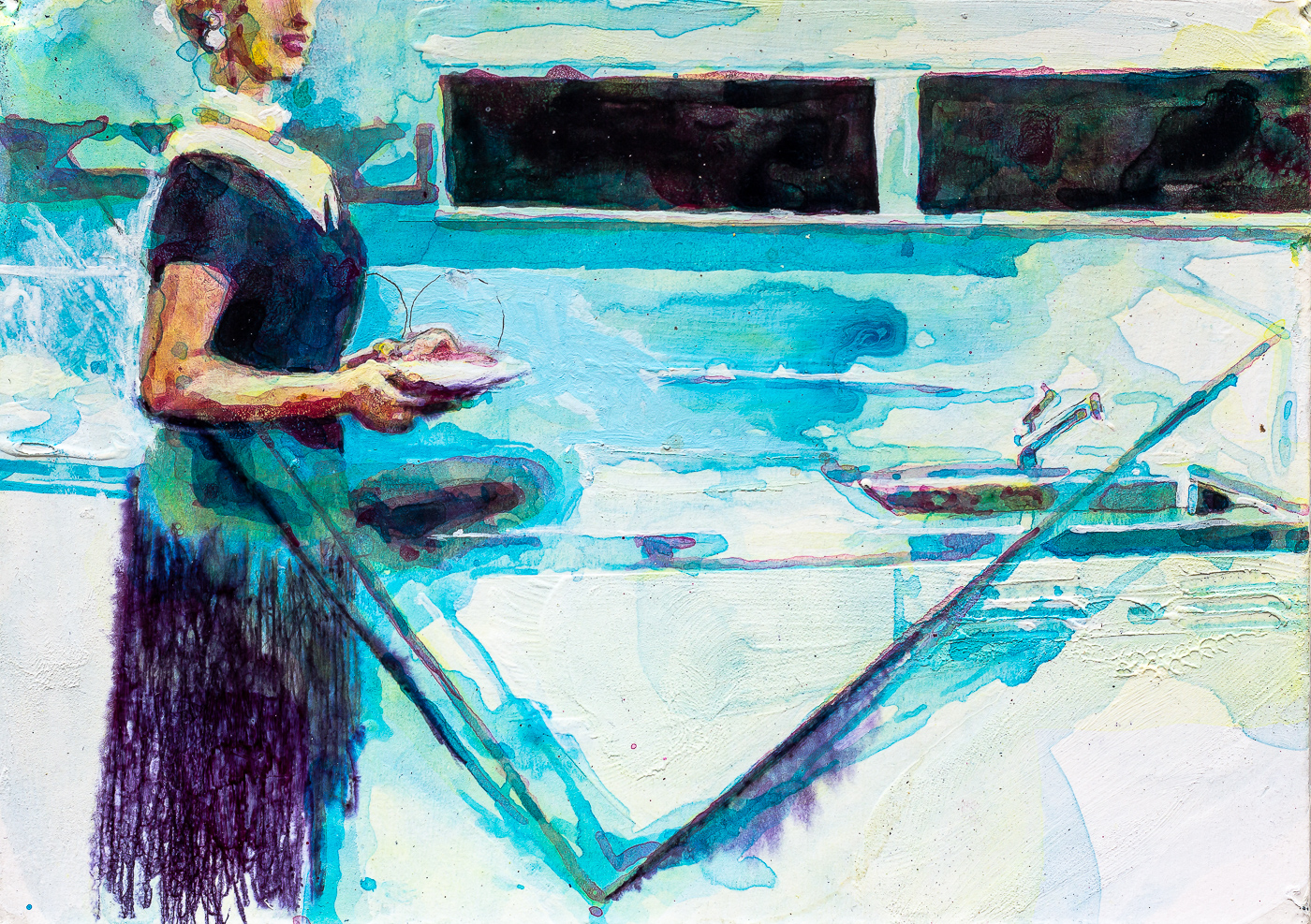 Kitchen Dweller', from the series 'Diaries', aquarelle & acrylic painting on paper, 21x15cm.