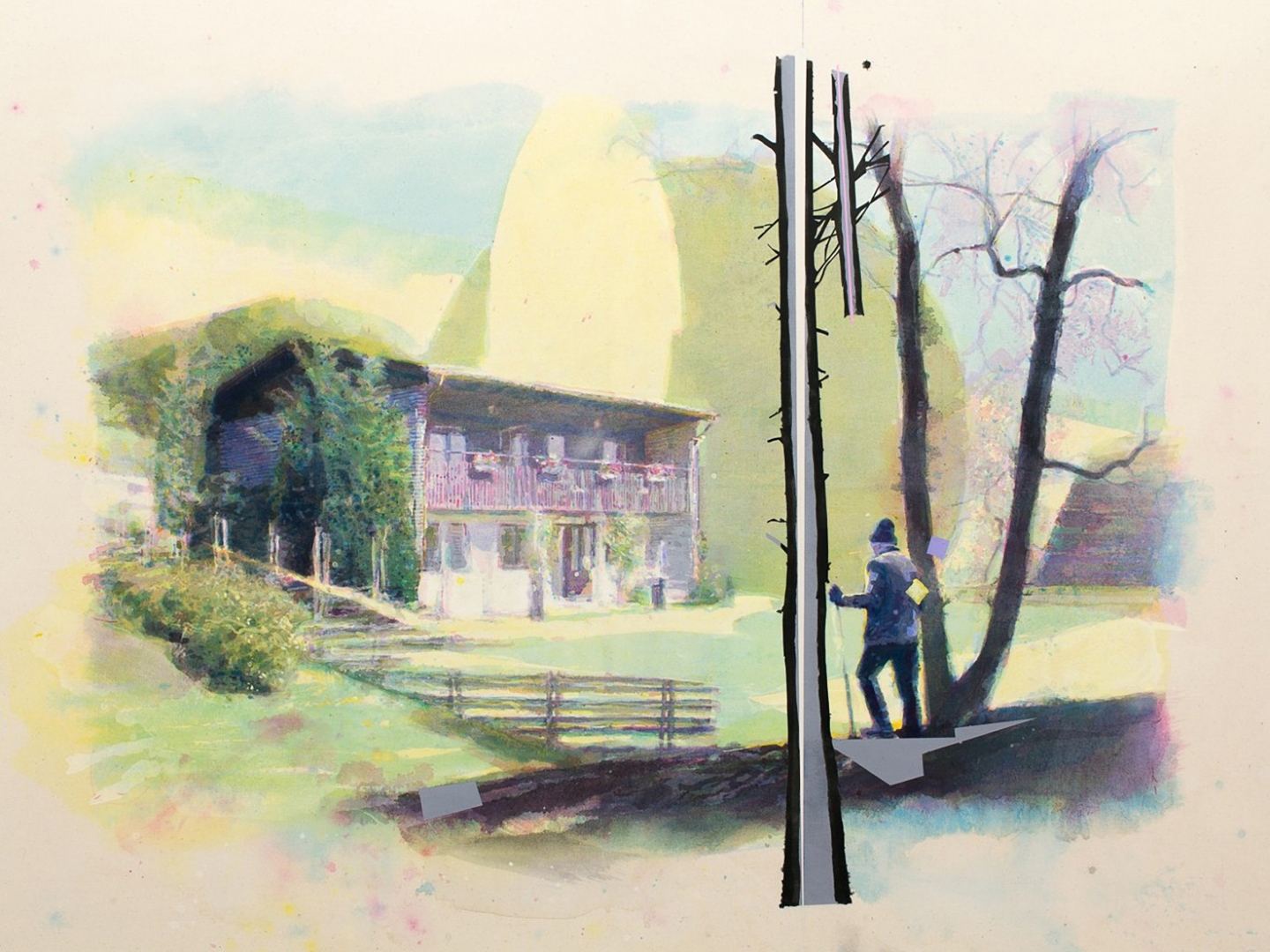 Painting, My Father And The House, acrylic on cotton.