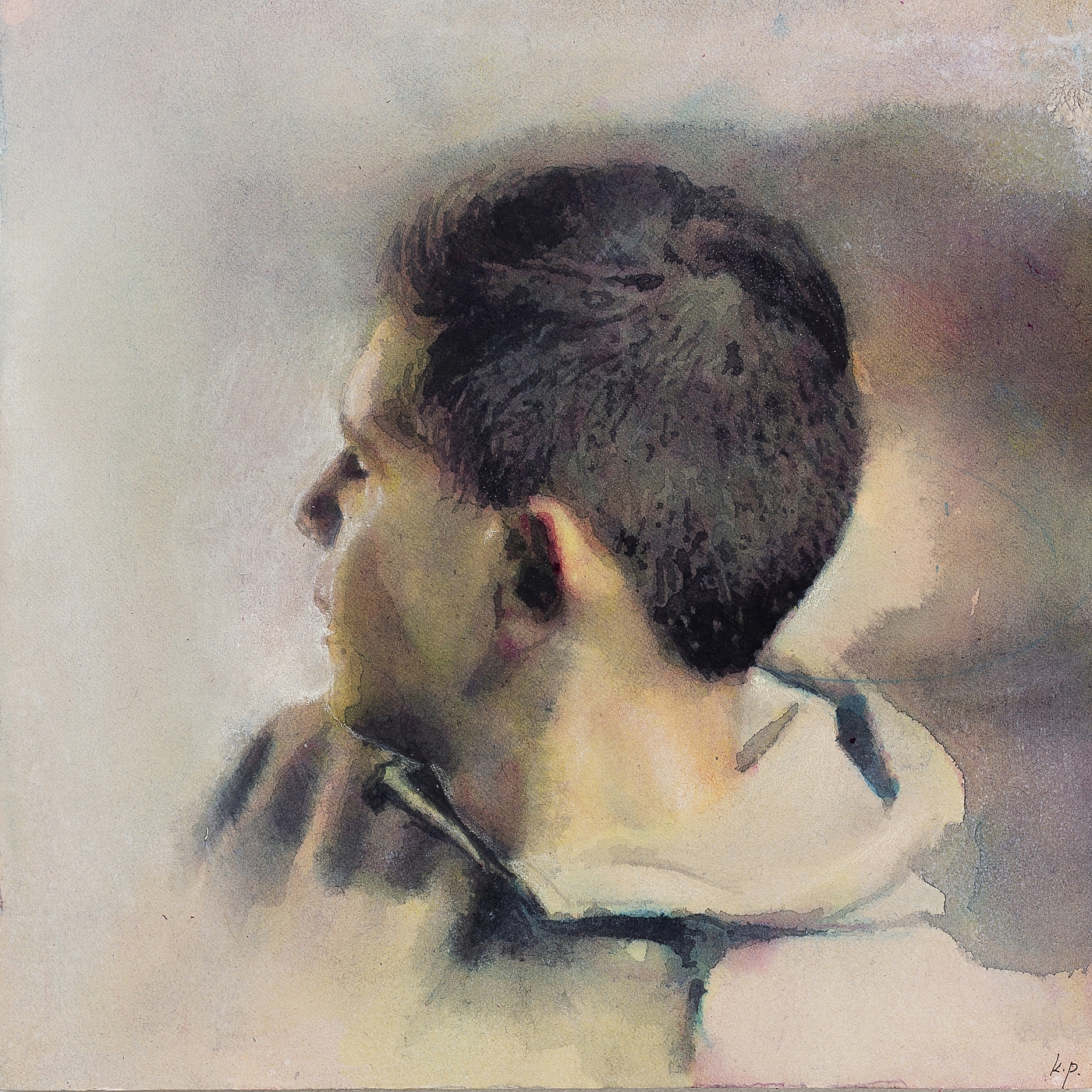 Portrait of Unknown acrylic and watercolor on paper mounted on wood panel, 30 × 30 cm. 2021 © Kenneth Pils.