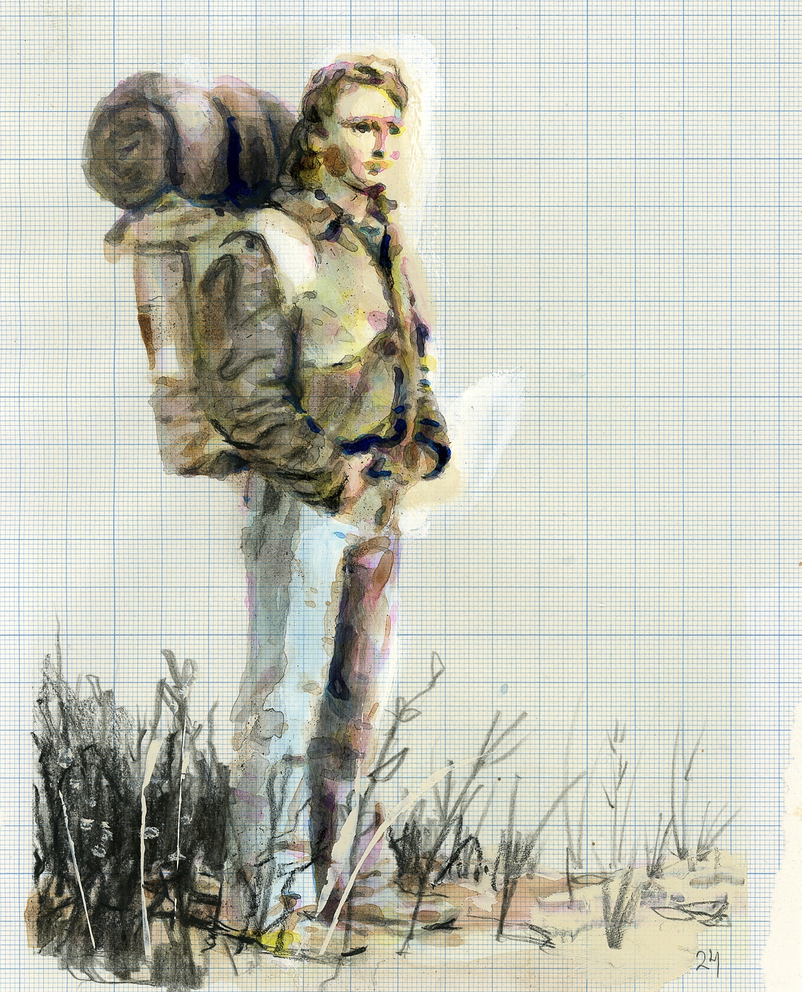 Daily drawing 24, "The Halted Wanderer", 17x21cm, drawing/painting on lined paper