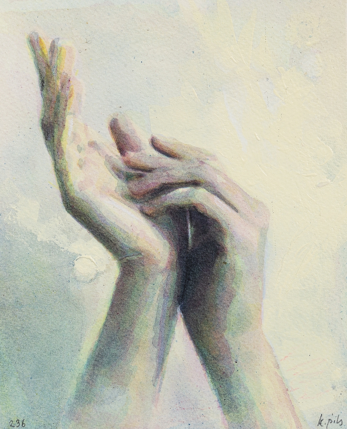 Hands (day 236), 17x21cm, acrylic & watercolor on paper.