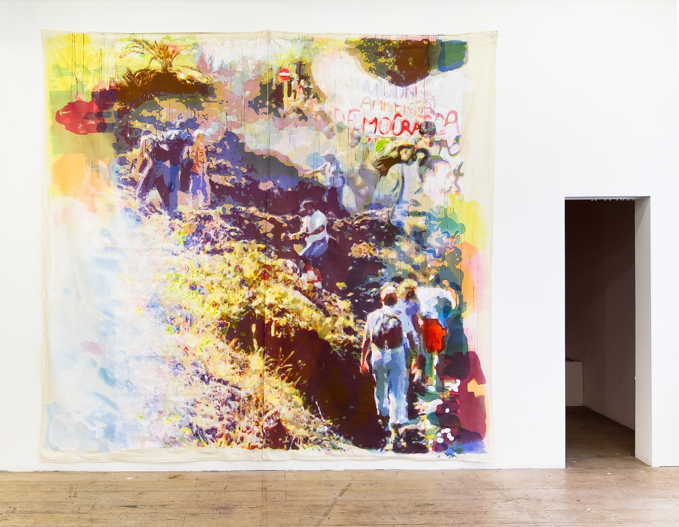 Exhibition view, Light-water-outrage, Acrylic on cotton, ca 3x3 m, 2012 © Kenneth Pils