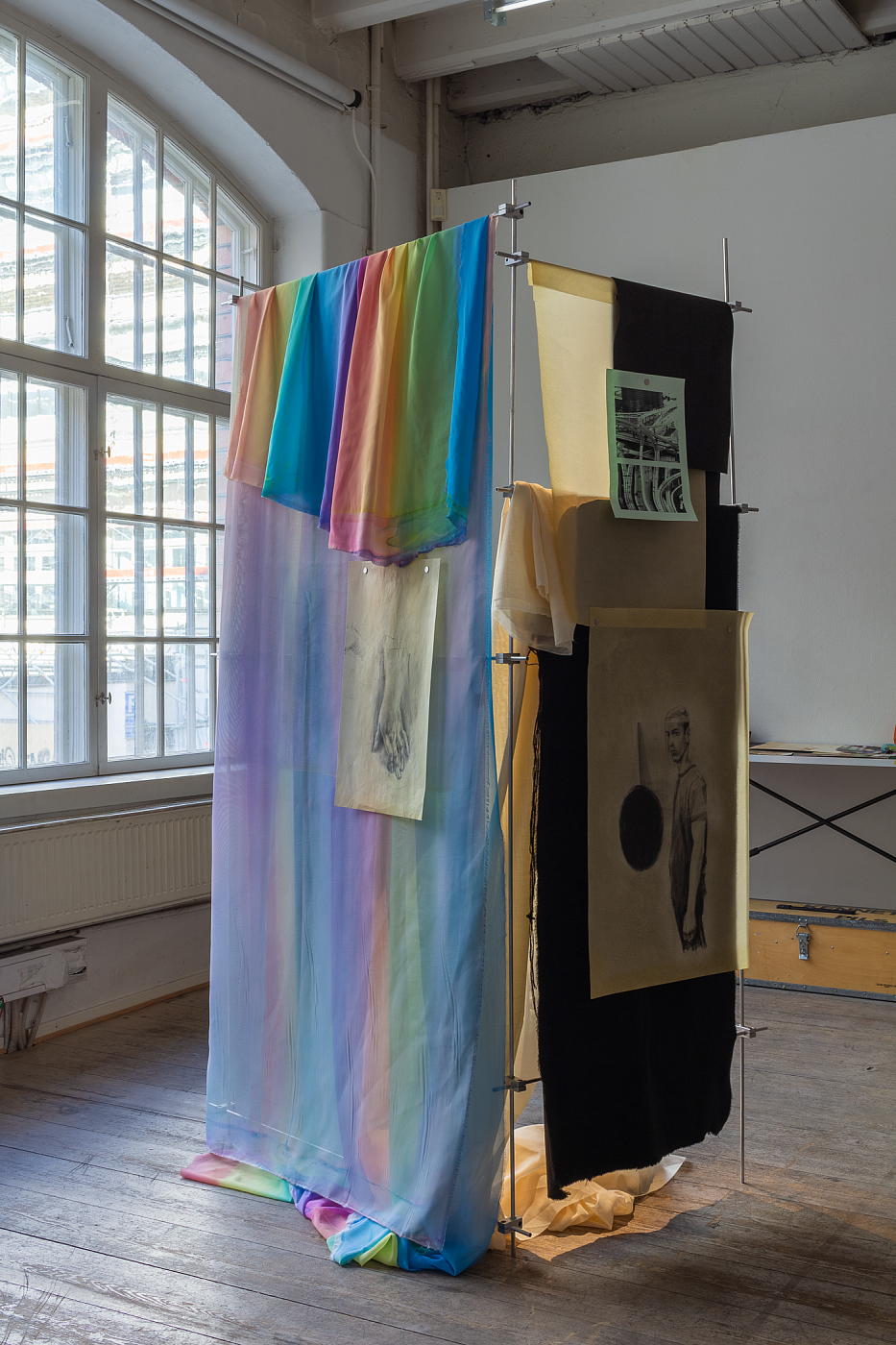 Die Kehre (The Turn), Mixed media installation with paintings, drawings, painted textiles, oiled papers hanged on metal tube construction. 200 x 110 x 66 cm