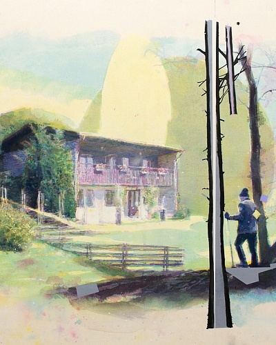 Painting, My Father And The House, acrylic on cotton.