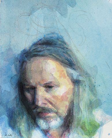 Självporträtt,  21x27 cm, akvarell, akryl och penna på papper