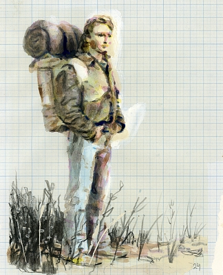 Daily drawing 24, "The Halted Wanderer", 17x21cm, drawing/painting on lined paper