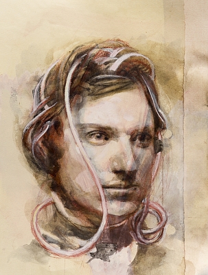 Rewired, Conte pens, watercolor and acrylic on ingre paper, ca 25x 40 cm, 2023