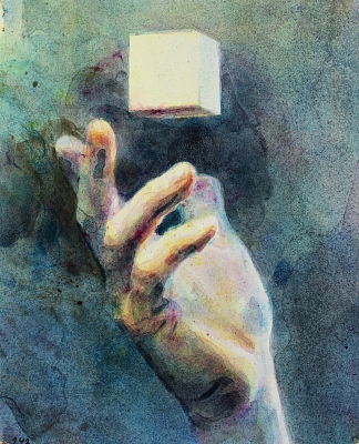 The Cube, day 243, acrylic and watercolor on paper, 17 × 21 cm.