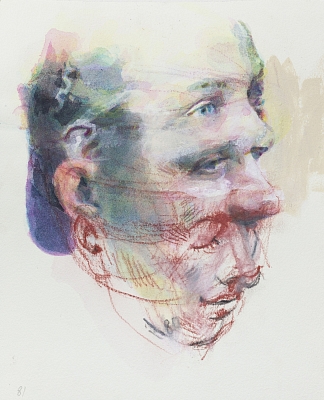 "Shift", day 81 conté pen, acrylic and watercolor on paper, 17x21 cm.