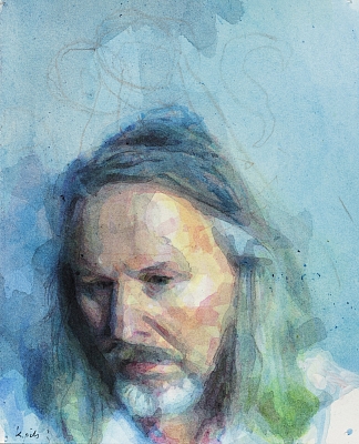 Självporträtt,  21x27 cm, akvarell, akryl och penna på papper