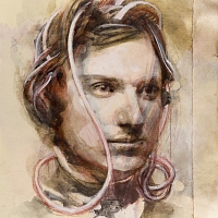 Rewired, Conte pens, watercolor and acrylic on ingre paper, ca 25x 40 cm, 2023